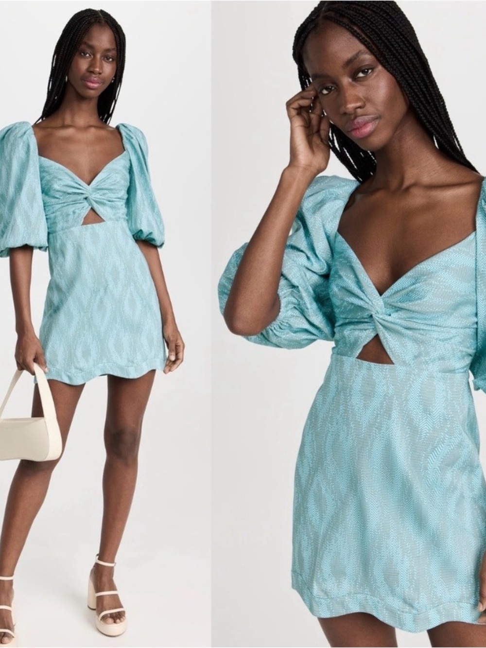 Alexis Valera Dress in Jade Weave Twist-Front Puff-Sleeve Mini Dress